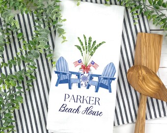 Preppy Patriotic Chinoiserie Palm Tree Tea Towel | Personalized Adirondack Chair Kitchen Towel | Custom USA Flag Dishcloth | Flag Dish Towel