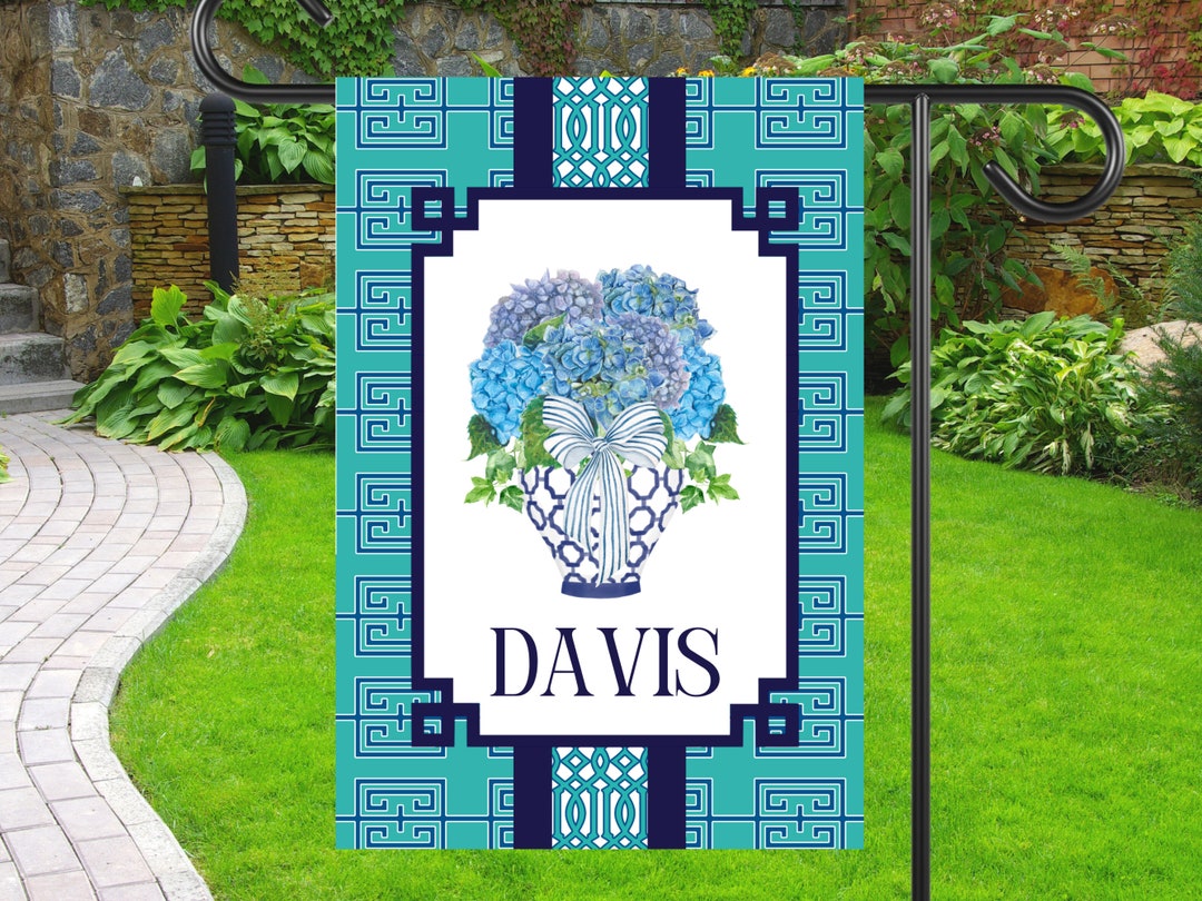 Preppy Chinoiserie Ginger Jar Garden Flag Personalized Blue Hydrangea