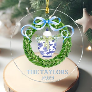 Preppy Christmas Chinoiserie Ginger Jar Acrylic Ornament | Personalized Holiday Wreath Ornament | Custom Gift Tag | Festive Wine Bottle Tag