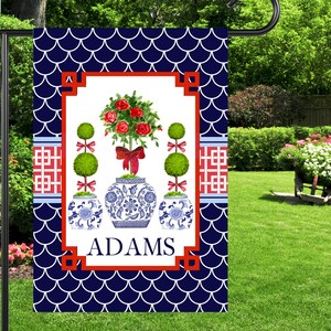 Personalized Chinoiserie Red Rose Topiary Garden Flag: Ginger Jar House Flag Outdoor Decor