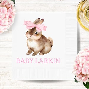 Preppy Pink Baby Bunny Rabbit Cocktail Napkins | Personalized Baby Shower Napkins | Custom Party Tabletop Decor | Baby Girl Luncheon Napkins