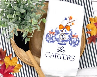 Personalized Monogram Initial Chinoiserie Pumpkin Tea Towel: Halloween Thanksgiving Decor Dishcloth