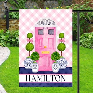 Preppy Chinoiserie Pink Front Door Garden Flag | Personalized Ginger Jar Yard Banner | Custom Outdoor Home Decor | Topiary House Flag