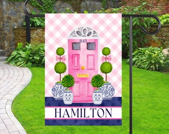 Preppy Chinoiserie Pink Front Door Garden Flag | Personalized Ginger Jar Yard Banner | Custom Outdoor Home Decor | Topiary House Flag