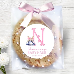 May include: A large cookie in a clear cellophane bag tied with a pink satin bow. The bag has white polka dots. A round sticker features a pink letter "N", a bunny in a teacup, and the text "Showering BABY NASH 5.18.20XX".