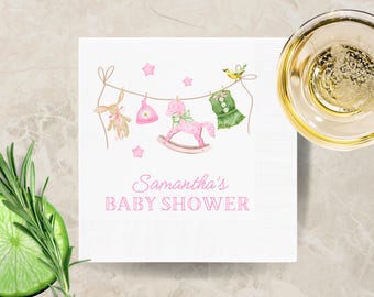 Personalized Pink Rocking Horse Clothesline Baby Shower Napkins: Infant Girl Baby Clothes Party Decor