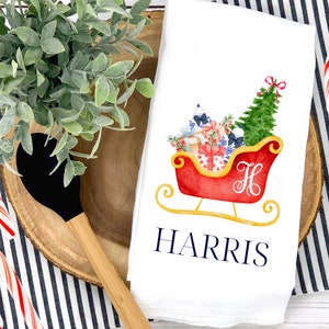 Personalized Monogram Initial Christmas Santa's Sleigh Tea Towel: Holiday Kitchen Decor Dishcloth