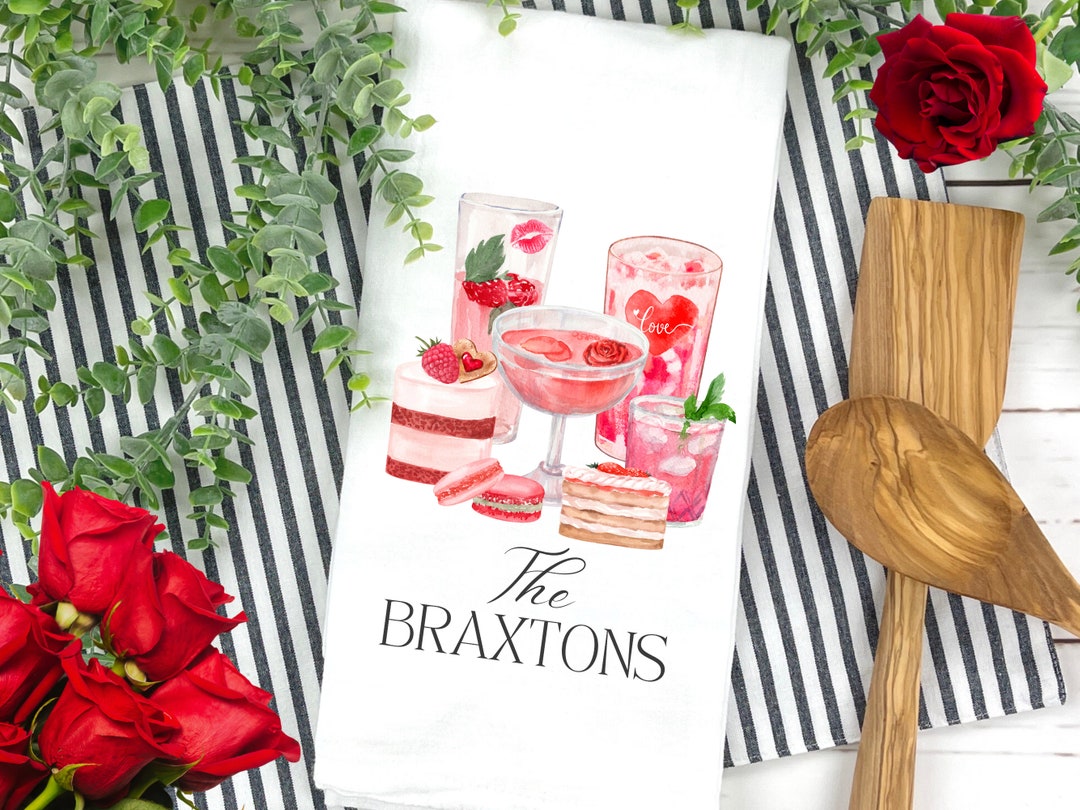 Preppy Valentine's Day Pink Cocktails Tea Towel Personalized Sweet ...