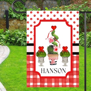 Preppy Valentine's Day Topiary Garden Flag | Personalized Red Hearts Yard Banner | Custom Outdoor Home Decor | Holiday Yard Art Accent Flag