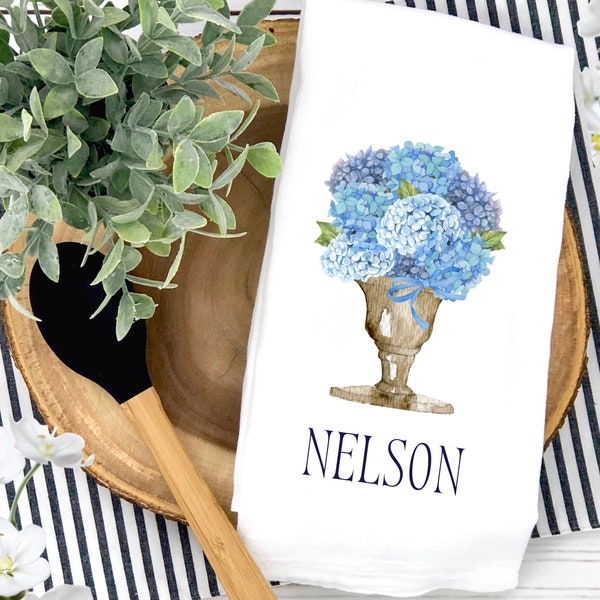 Preppy Blue Hydrangea Tea Towel | Personalized Garden Urn Kitchen Towel | Custom Home Decor Linens | Floral Dish Towel Dishcloth Gift