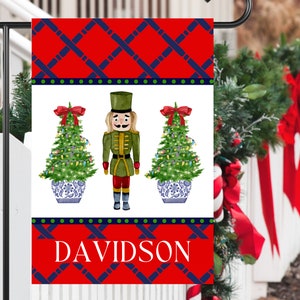 Preppy Chinoiserie Christmas Nutcracker Garden Flag | Personalized Ginger Jar Yard Banner | Custom Holiday Outdoor Decor | Festive Tree Flag