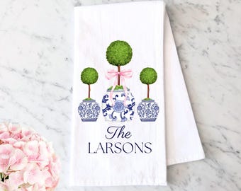 Personalized Chinoiserie Topiary Tea Towel: Blue Ginger Jar Kitchen Decor Dishcloth
