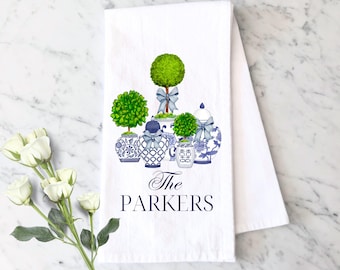 Personalized Chinoiserie Ginger Jar Topiary Tea Towel: Custom Blue White Kitchen Decor Dishcloth