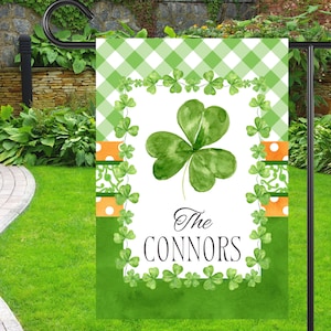 Preppy St Patrick&#39;s Day Shamrock Garden Flag | Personalized Green Shamrock Yard Banner | Custom Outdoor Yard Art | Irish Holiday House Flag