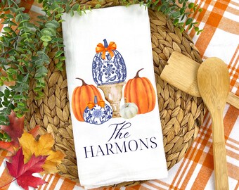 Personalized Fall Chinoiserie Pumpkins Tea Towel: Halloween Thanksgiving Kitchen Decor Dishcloth