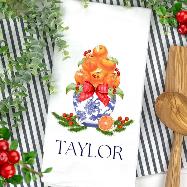 Preppy Chinoiserie Christmas Oranges Tea Towel | Personalized Ginger Jar Kitchen Towel | Custom Holiday Dishcloth Decor | Dish Towel Gift