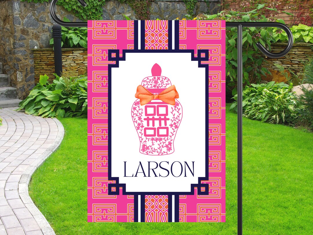 Preppy Chinoiserie Ginger Jar Garden Flag Personalized Pink Geometric