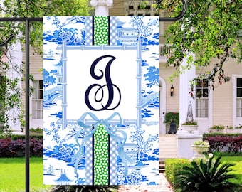 Personalized Monogram Initial Chinoiserie Toile Garden Flag: Blue Pagoda House Flag Outdoor Decor