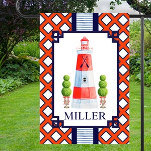 Preppy Red Lighthouse Garden Flag | Personalized Nautical Yard Banner | Custom Coastal Beach Outdoor Home Decor | Seashore House Flag