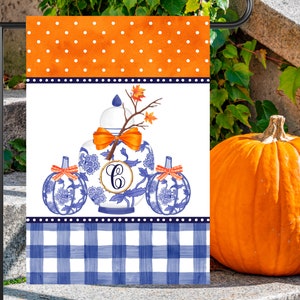 Preppy Monogram Chinoiserie Pumpkin Garden Flag | Personalized Ginger Jar Yard Banner | Custom Halloween Thanksgiving Flag | Fall Decor