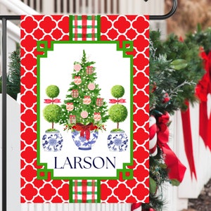 Preppy Chinoiserie Christmas Tree Garden Flag | Personalized Ginger Jar Yard Banner | Custom Holiday Outdoor Flag | Festive Yard Art Decor