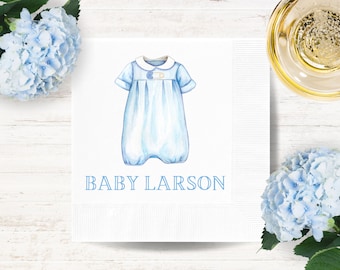 Preppy Blue Romper Cocktail Napkins | Personalized Baby Shower Paper Beverage Napkins | Custom Party Decorations | Baby Boy Luncheon Napkins