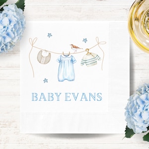 Preppy Baby Boy Clothesline Cocktail Napkins | Personalized Baby Shower Paper Napkins | Custom Party Table Decor | Infant Luncheon Napkins