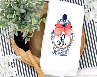 Preppy Monogram Chinoiserie Ginger Jar Tea Towel | Personalized Blue White Kitchen Towel | Custom Home Decor Dish Towel | Dishcloth Gift