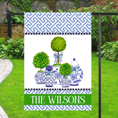 Preppy Monogram Chinoiserie Navy Ginger Jar Garden Flag Etsy