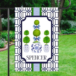 Preppy Chinoiserie Topiary Garden Flag | Personalized Ginger Jar Yard Banner | Custom Outdoor Home Decor | Floral Yard Art House Flag