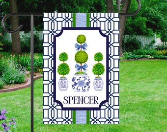 Preppy Chinoiserie Topiary Garden Flag | Personalized Ginger Jar Yard Banner | Custom Outdoor Home Decor | Floral Yard Art House Flag
