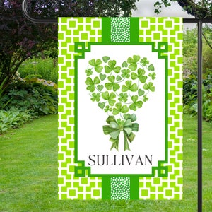 Preppy St Patrick&#39;s Day Garden Flag | Personalized Shamrock Heart Yard Banner | Custom Outdoor Holiday Decor | Irish Yard Art House Flag