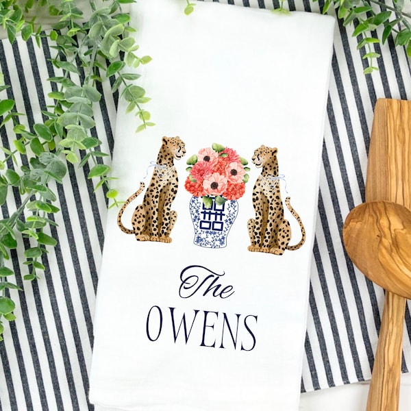 Personalized Chinoiserie Cheetah Tea Towel: Custom Ginger Jar Floral Kitchen Decor Dishcloth