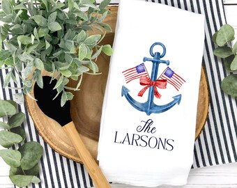 Preppy Patriotic Nautical Anchor Tea Towel | Personalized American Flag Kitchen Towel | Custom July 4 Dishtowel | USA Dishcloth Home Decor