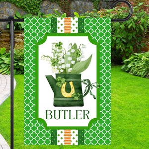 Preppy St Patrick&#39;s Day Watering Can Garden Flag | Personalized Shamrock Yard Banner | Custom Outdoor Decor | Irish Floral House Flag