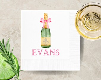 Preppy Champagne Bottle Cocktail Napkins | Personalized Engagement Paper Napkins | Custom Bridal Shower Napkins | Wedding Rehearsal Napkins