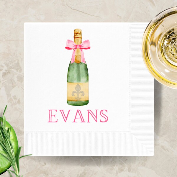 Preppy Champagne Bottle Cocktail Napkins | Personalized Engagement Paper Napkins | Custom Bridal Shower Napkins | Wedding Rehearsal Napkins