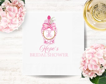 Personalized Monogram Chinoiserie Pink Ginger Jar Bridal Shower Napkins: Bridesmaids Engagement Cocktail Party Decor