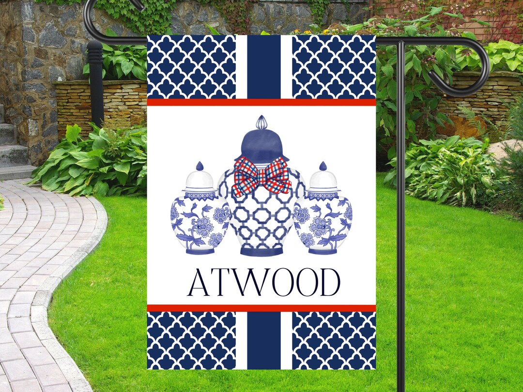 Preppy Chinoiserie Ginger Jar Garden Flag Personalized Navy Lattice