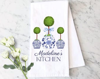 Personalized Chinoiserie Garden Topiary Tea Towel: Blue Ginger Jar Kitchen Decor Dishcloth