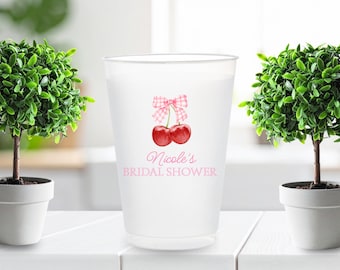 Personalized Red Cherry Bridal Shower Frosted Cups: Floral 16oz Engagement Cocktail Party Beverage Drinkware