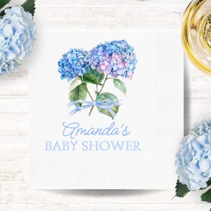 Personalized Blue Hydrangea Bridal Shower Paper Napkins: Floral Engagement Party Decor