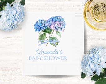 Personalized Blue Hydrangea Bridal Shower Paper Napkins: Floral Engagement Party Decor