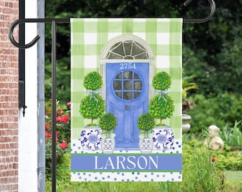 Preppy Chinoiserie Blue Front Door Garden Flag | Personalized Ginger Jar Yard Banner | Custom Outdoor Home Decor | Topiary House Flag