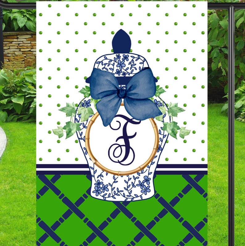 Preppy Monogram Chinoiserie Navy Ginger Jar Garden Flag Etsy