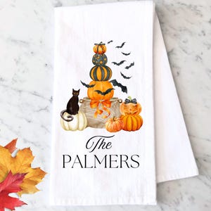 Personalized Halloween Pumpkin Topiary Tea Towel: Spooky Fall Kitchen Decor Dishcloth