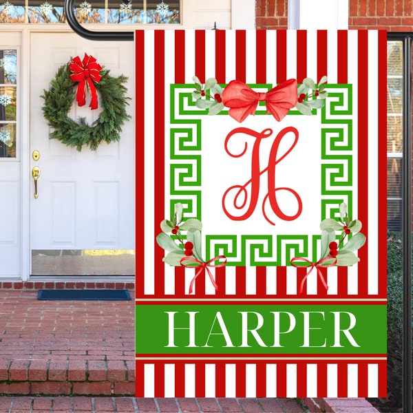 Preppy Monogram Initial Christmas Garden Flag | Personalized Greek Key Yard Banner | Custom Holiday Outdoor Home Decor | Festive Yard Art