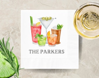Preppy Mixed Drinks Cocktail Napkins | Personalized Martini Paper Napkins | Custom Bar Party Decor | Mint Julep Bloody Mary Beverage Napkins