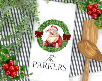 Personalized Santa Claus Wreath Tea Towel: Christmas Kitchen Decor Dishcloth