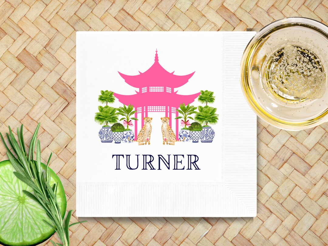 Preppy Chinoiserie Pink Pagoda Cocktail Napkins Personalized Etsy